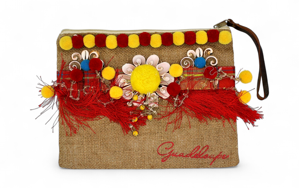 Pochette Jute Madras Pompoms Coquillage
