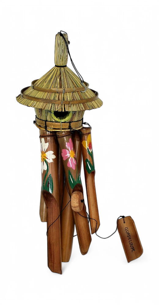 Carillon Bambou 30 Cm Niche D'Oiseau Et Fleur Peint Main